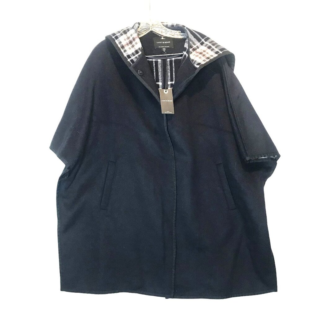 Lucky Brand Womens XS/S Oversized Hooded Cape Navy Blue Wool Blend $169